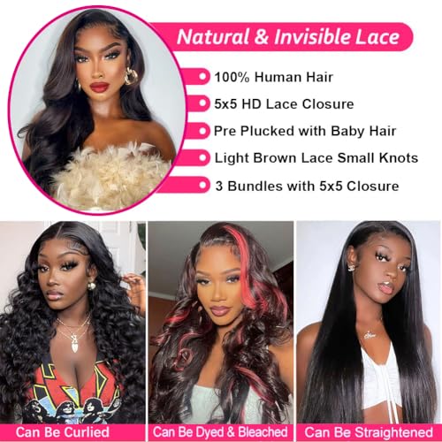 Brazilian Body Wave Hair Bundles with Closure 16 18 20 + 14 Inch Natural Color