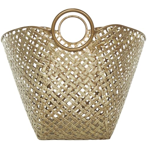 Gold Metal Storage Basket - Handmade Woven Organizer with Handles, 17 x 13 x 11 Inches