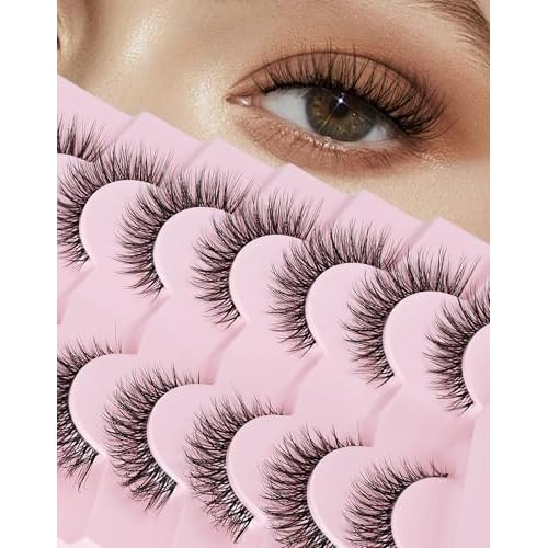 Natural Lashes Cat Eye Lashes 13mm Clear Band False Eyelashes Wispy Eyelashes Natural Look 3D Strip Lashes Soft faux Mink Eyelashes Pack 7 Pairs