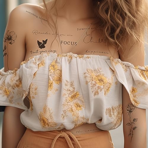 Realistic Temporary Tattoos - 60 Sheets Small Fake Tattoos, 30 Pcs Meaningful Scripts Words Tattoos, 30 Pcs Line Art Wild Flower Nature Tattoo Stickers for Women and Men