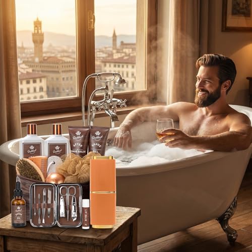 Men's Spa & Grooming Gift Set with Sandalwood & Cedarwood, Leather Bag