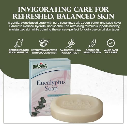 Madina Eucalyptus Soap Bar ? Moisturizing, Invigorating, 100% Vegetable-Based, Cocoa Butter, Kava Kava Extract, Gentle Cleanser for Face & Body, 6 Pack (3.5 oz Each)