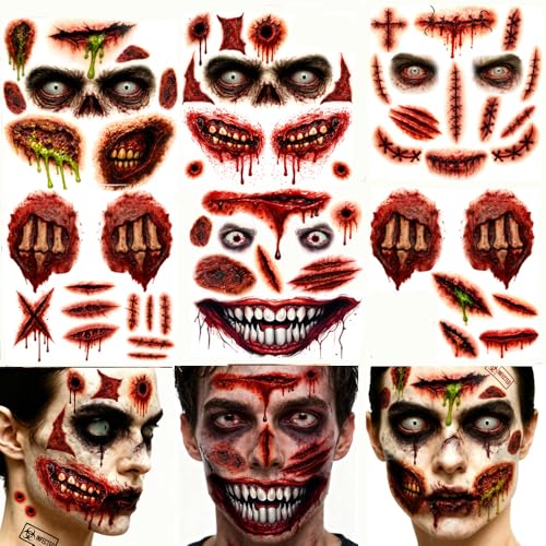 Halloween Zombie Tattoos Kit ? 6 Sheets (4 Zombie Tattoos + 2 Wound Tattoos) ? Fake Scars Temporary Tattoos for Adults, Women, Men ? Realistic Zombie Makeup Kit, Scary Halloween Makeup Accessories (A)