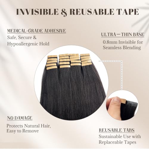 Yaki Straight Tape-in Hair Extensions for Black Women - 12 Inch, 50G, 20PCS, Light Human Hair, Seamless & Double Sided Tapes - Variation YK