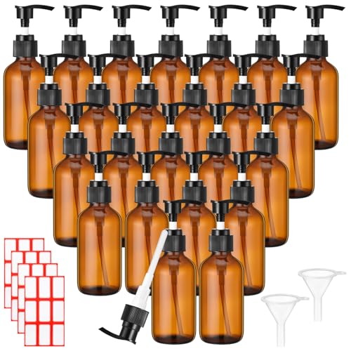Tanlade 24 Pcs Glass Pump Bottle Dispenser 4 oz Travel Bottles with Pump Refillable Glass Containers for Toiletries Lotion Liquid Soap Shampoo Essential Oils Cosmetic Travel Accessories (Amber)