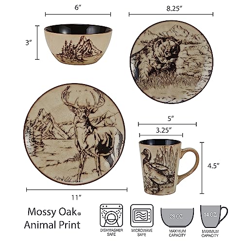 Mossy Oak 16-Piece Stoneware Dinnerware Set - Lodge-Style Wildlife Design for Family Dining