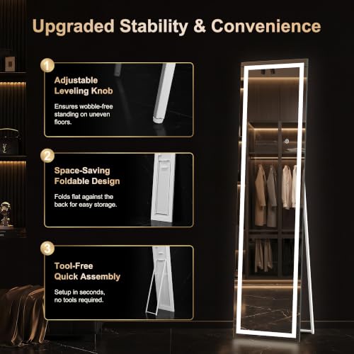 White LED Full Length Mirror 56x16 Inches with Lights, Dimmable & 3 Color Modes - Standing, Leaning, Wall Mountable Vanity Mirror
