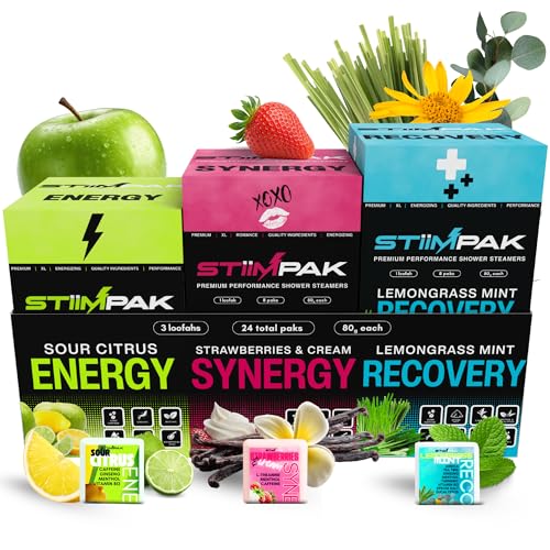 STiiMPAK Assorted XL Shower Steamers Set – Aromatherapy for Energy Relaxation Recovery – 80g Each + Loofahs
