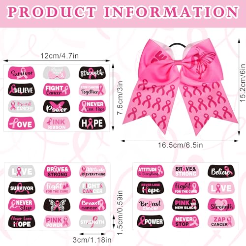 Hope Butterfly Cheer Hair Bows & Breast Cancer Awareness Temporary Tattoos Set - 16 Large Bows & 15 Tattoo Sheets for Fundraising & Events
