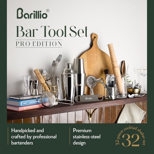 Stainless Steel Cocktail Shaker Set - Pro Edition Bar Tool Kit with Boston Shaker & Muddler - Silver, 32-Piece Home Bar Accessories