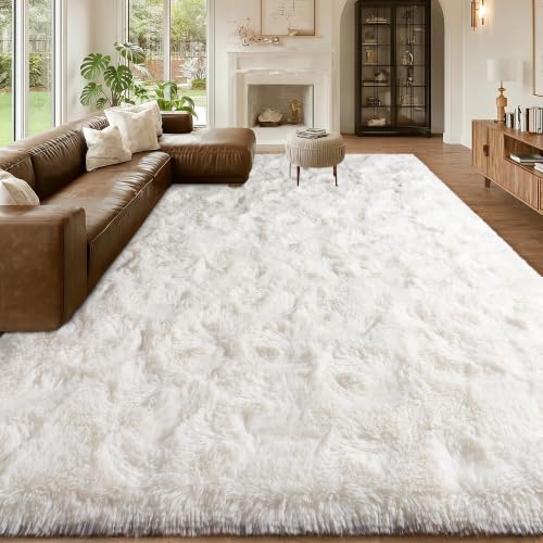 Cream 8x10 Area Rug for Living Room - Large Fluffy Shaggy Carpet
