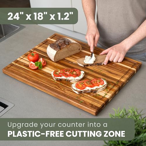 Large Teak Wood Cutting Board 24x18 Inches - Solid Wooden Butcher Block - Natural Beeswax Finish