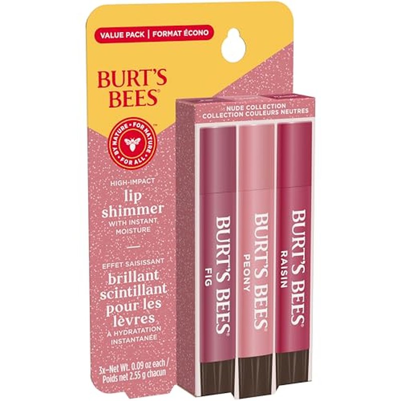 Burt's Bees Lip Shimmer Nude Collection; Luminescent Color; High Impact, Instant Moisture; with Shea and Cocoa Butters; 100% Natural Origin; 3 Warm Shades; Value Pack, 3 Tubes x 0.09 Oz