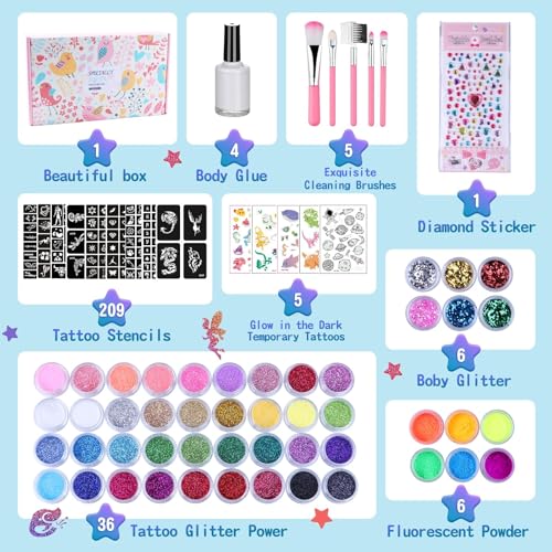 Kids & Adults Glitter Tattoo Kit with 42 Glitters & 209 Stencils for Face Body Art