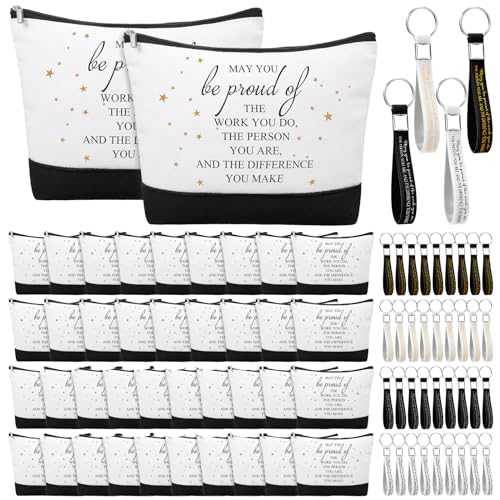 Sanwuta 80 Pcs Employee Appreciation Gifts Canvas Cosmetic Bag Bulk Inspirational Makeup Bags with Thank You Keychains for Women Social Worker Coworker Volunteer Nurse Teacher (Be Proud Sign)