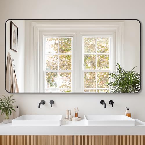Large 55x30 Inch Rectangular Bathroom Mirror with Rounded Corners - Black Wall Mount