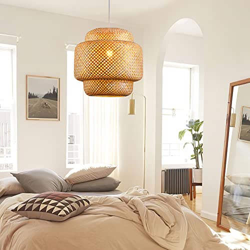 Bamboo Pendant Light - Large 16 Inch Woven Rattan Chandelier for Kitchen & Dining - Natural Boho Basket Style - Variation: Lantern