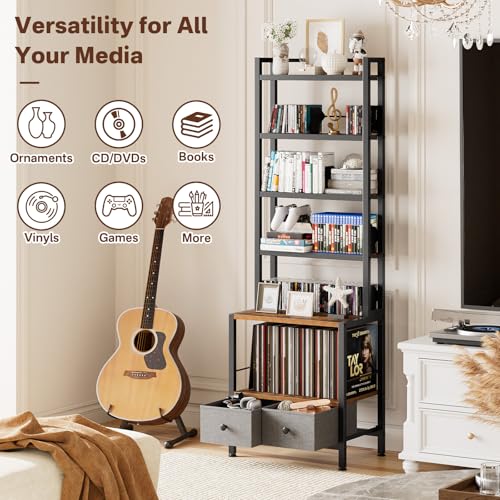 6-Tier Media Storage Rack for Vinyl Records, CDs, DVDs & Books