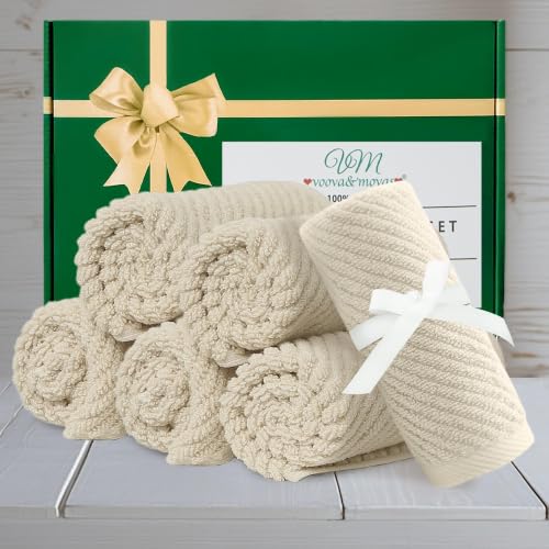 6 PC Cotton Washcloths Set - Tan Beige, Soft Quick-Dry Low Lint 13x13 Inches