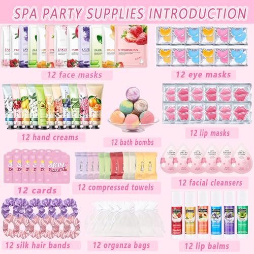 132 Pcs Spa Party Supplies for Woman, Include Facial Mask, Face Cream, Hand Creams, Lip Balms, Under Eye Patches, Lip Mask, Foot Bath Bombs, Sleepover Spa Party Favors Bulk Gifts