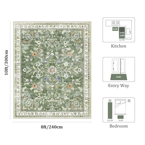 Sage Green Washable Floral Area Rug 8x10 for Living Room - Yamaziot