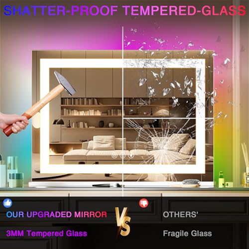 Hansong RGB Vanity Mirror with Lights 23¡± X 18¡± Makeup Mirror with Front Light and RGB Backlit Lighted Vanity Mirror with 3 Color Lighting Dimmable Tempered Glass 10x Magnification and Wall-Mounted