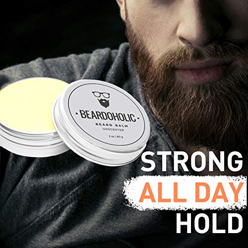 Beardoholic Beard Balm ? 100% Natural With Strong Hold That Lasts All Day - Shapes and Styles Beard With Ease ? Eliminate Itch and Dandruff ?Unscented, 2 oz (60 g Size of Container)