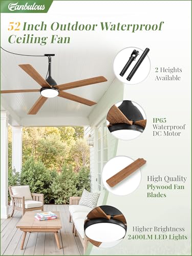 52" Outdoor Ceiling Fan with Light Brown Fans IP65 Waterproof Plug
