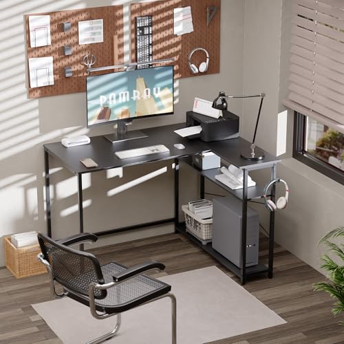 Black 43-Inch Reversible L-Shaped Computer Desk with Storage Shelves - Small Space Home Office
