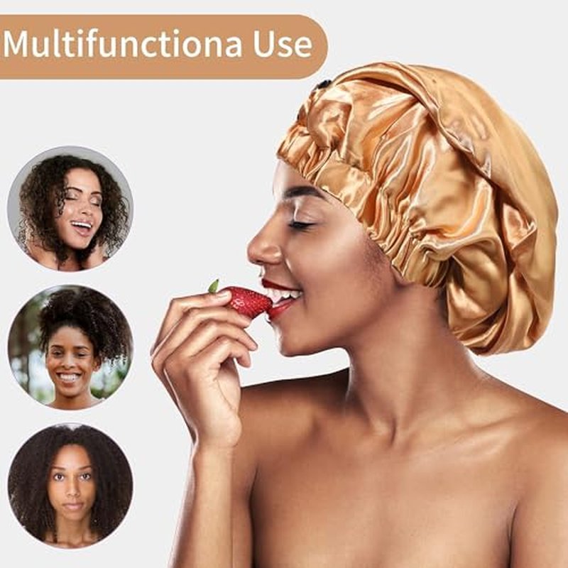 2PCS Satin Hair Braid Bonnet, Extra Long Foldable Bonnet with Button, Single Layer Sleep Cap for Black Women & Dreadlocks (Black+Khaki)