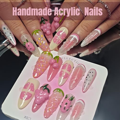 Long Almond Press On Nails with 3D Strawberry Fruit Design - Reusable Fake Nails Kit - Strawberry Feast Variation
