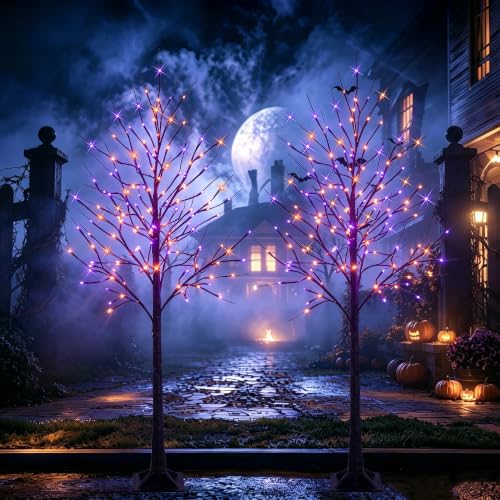 6 FT Halloween Lighted Birch Trees - 96 LED Purple & Orange Fairy Lights with Timer - Indoor Outdoor Decor