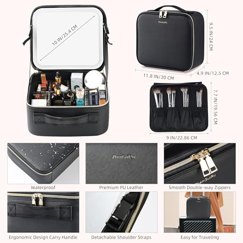 SJD LACE Black Travel Makeup Bag with LED Mirror, Waterproof Cosmetic Organizer
