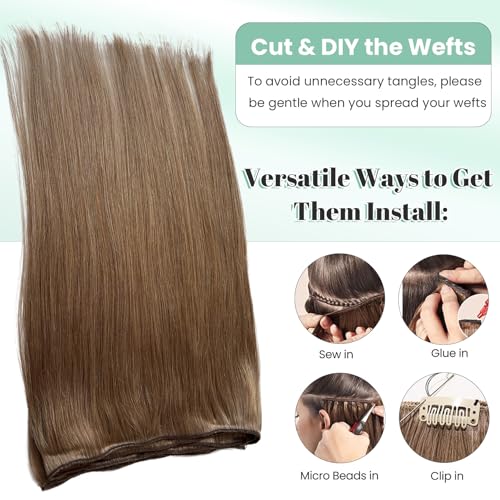 Ash Brown Human Hair Weft Extensions 22 Inch 120G Hand Tied Sew-In