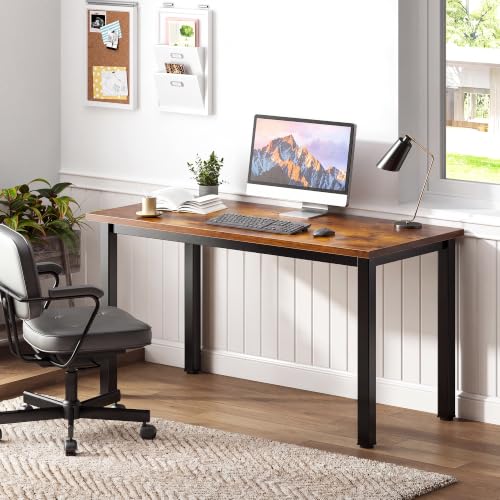 47 Inch Rustic Brown Computer Desk with Black Metal Frame, Modern Simple Design