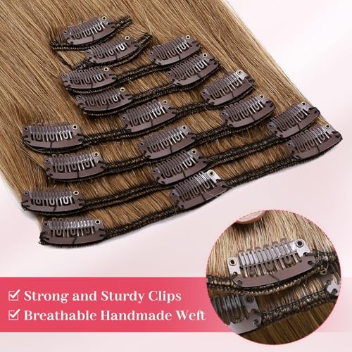 Clip-In Hair Extensions 100% Human Hair Short 8 Inch Light Brown 8pcs Full Head