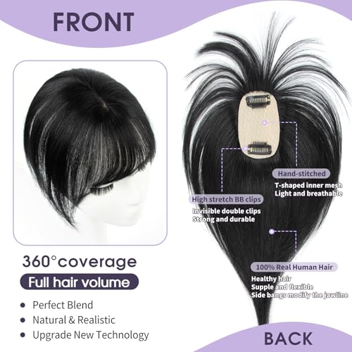 Jet Black Human Hair Topper with Bangs 10 Inch Clip-In Thinning Hair Cover for Women — Variation of Jet Black #1