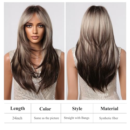 Long Blonde Brown Wigs for Women with Curtain Bangs - 24 Inch Synthetic Layered Cosplay & Daily Use