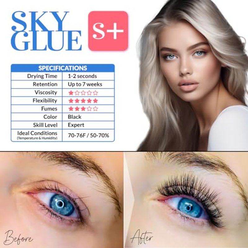2 Bottles Sky Glue for Eyelash Extensions S+ | Super Strong Black Lash Extension Adhesive for Professional Long Lasting Semi Permanent Individual Lash Extensions | Fast Drying / 7+ Week Retention 5ml