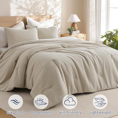 King Size Waffle Comforter Set with Pillow Shams - Natural Linen, Breathable & Lightweight Bedding for All Seasons