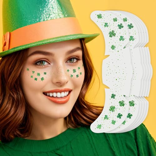 St Patricks Day Accessories, Green Shamrock Temporary Face Glitter Freckles Tattoos,St Patty's Green Face Tattoos Sparkle Glitter Makeup,Saint Patrick's Day Outfit for Women,6 PCS