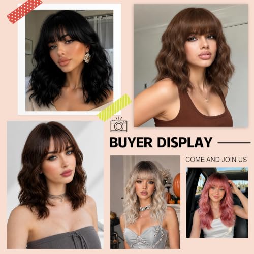 iAelev 16 Inch Ombre Blonde R60 Wavy Synthetic Wig with Bangs for Women