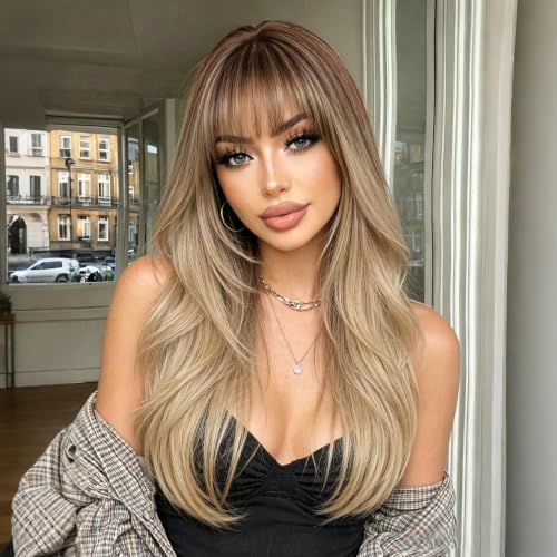 Ombre Blonde Long Straight Layered Wig with Bangs - Natural Realistic Synthetic Hair