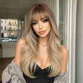 Ombre Blonde Long Straight Layered Wig with Bangs - Natural Realistic Synthetic Hair