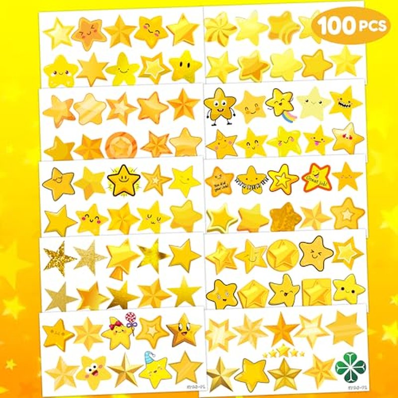 100 PCS Gold Stars Temporary Tattoos Birthday Party Decorations Favors Supplies Decor Twinkle Christmas Yellow Golden Star Banner Stickers For Girls Boys Classroom School Prizes Reward
