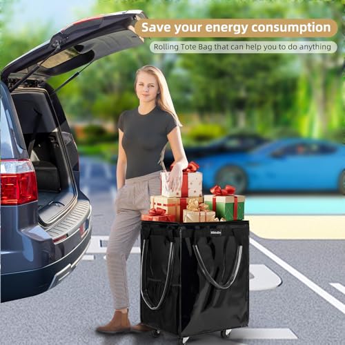 Xiktslin Large Black Reusable Foldable Rolling Grocery Tote with 5 Wheels