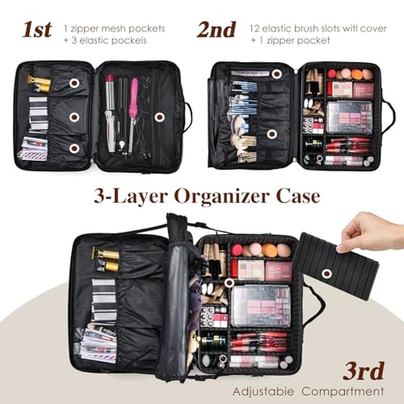 Adazzo Extra Large Makeup Case 8.5¡± Deep Professional Cosmetic Organizer Box Brush Holder with 3 Clear Set Bags/Lipstick Plate for Makeup Artists with Shoulder Strap/Adjustable Dividers/Luggage Sleeve