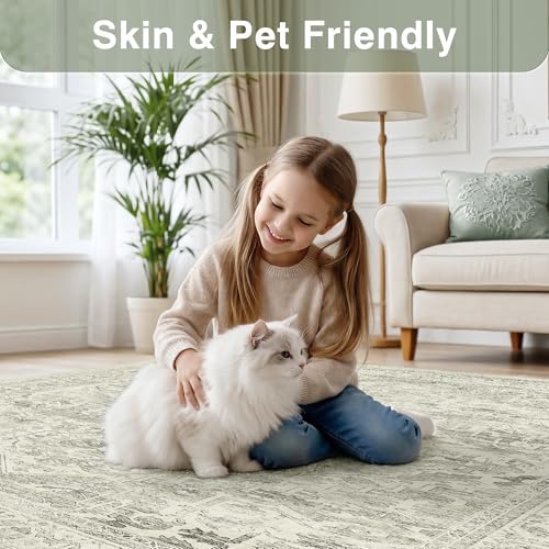 6' x 9' Neutral Green Washable Oriental Area Rug for Living Room