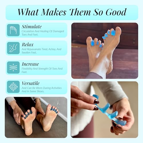 Toe Separators for Yoga & Foot Recovery ? Soft Gel Toe Spacers for Toe Splay Comfort ? Reusable, Washable ? Large, Blue, 1 Pair
