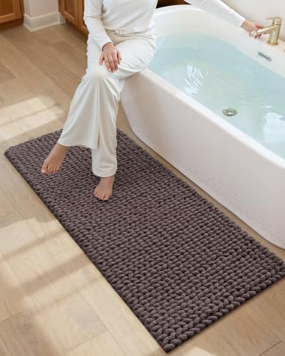 DEXI Bathroom Runner Rug 60x24 Inch Non Slip Chenille Bath Mat Dark Taupe